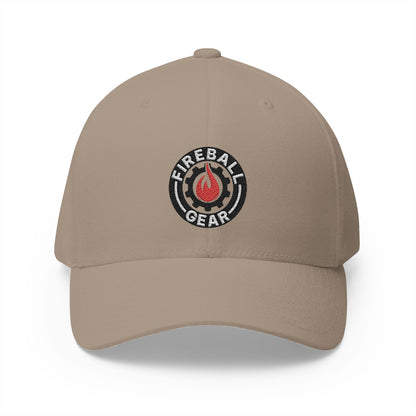 Fireball Gear - Brand Logo - Flame, Gear & Circle - Red, White & Black - FlexFit Cap