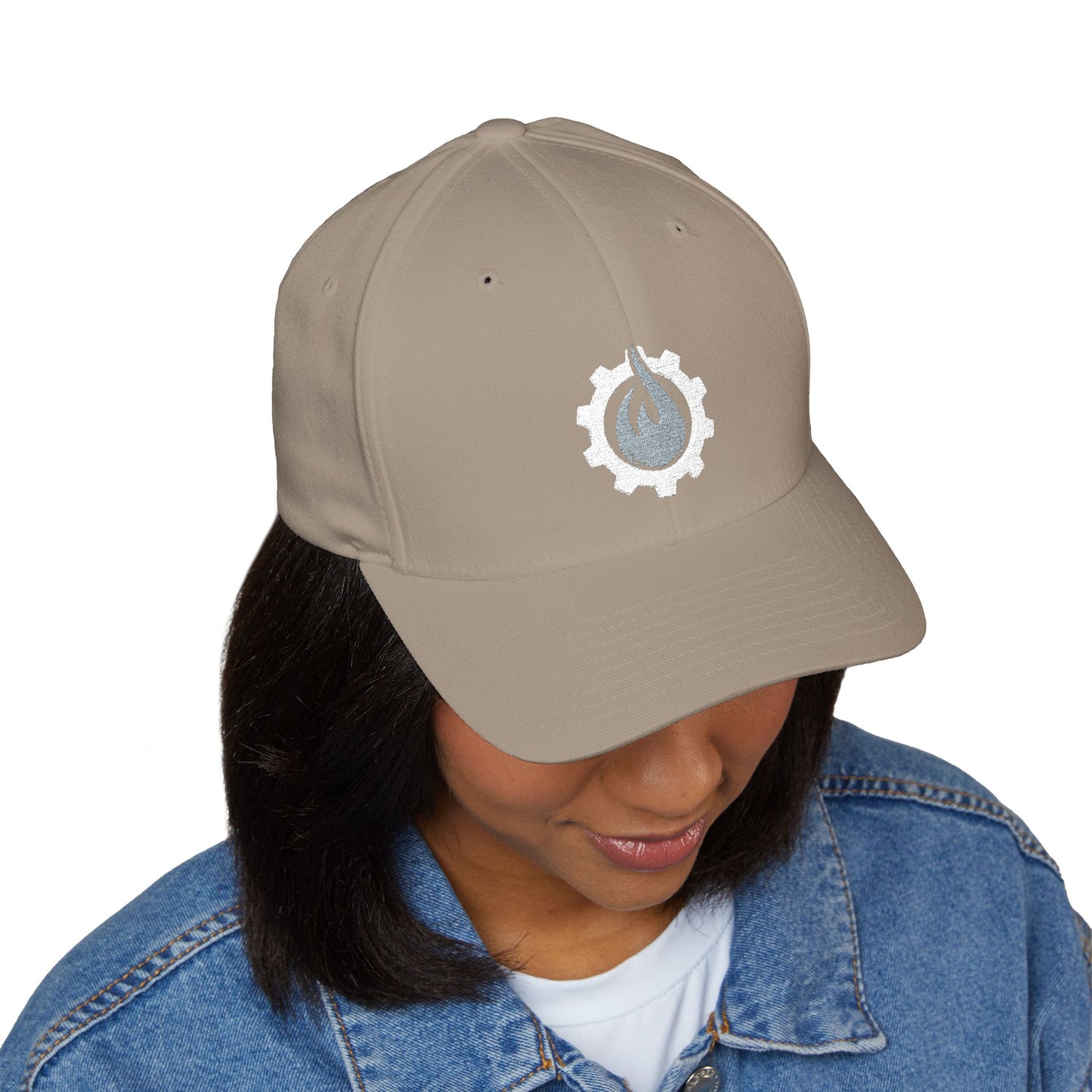 Fireball Gear - Brand Logo - Flame & Gear - Gray & White - FlexFit Cap