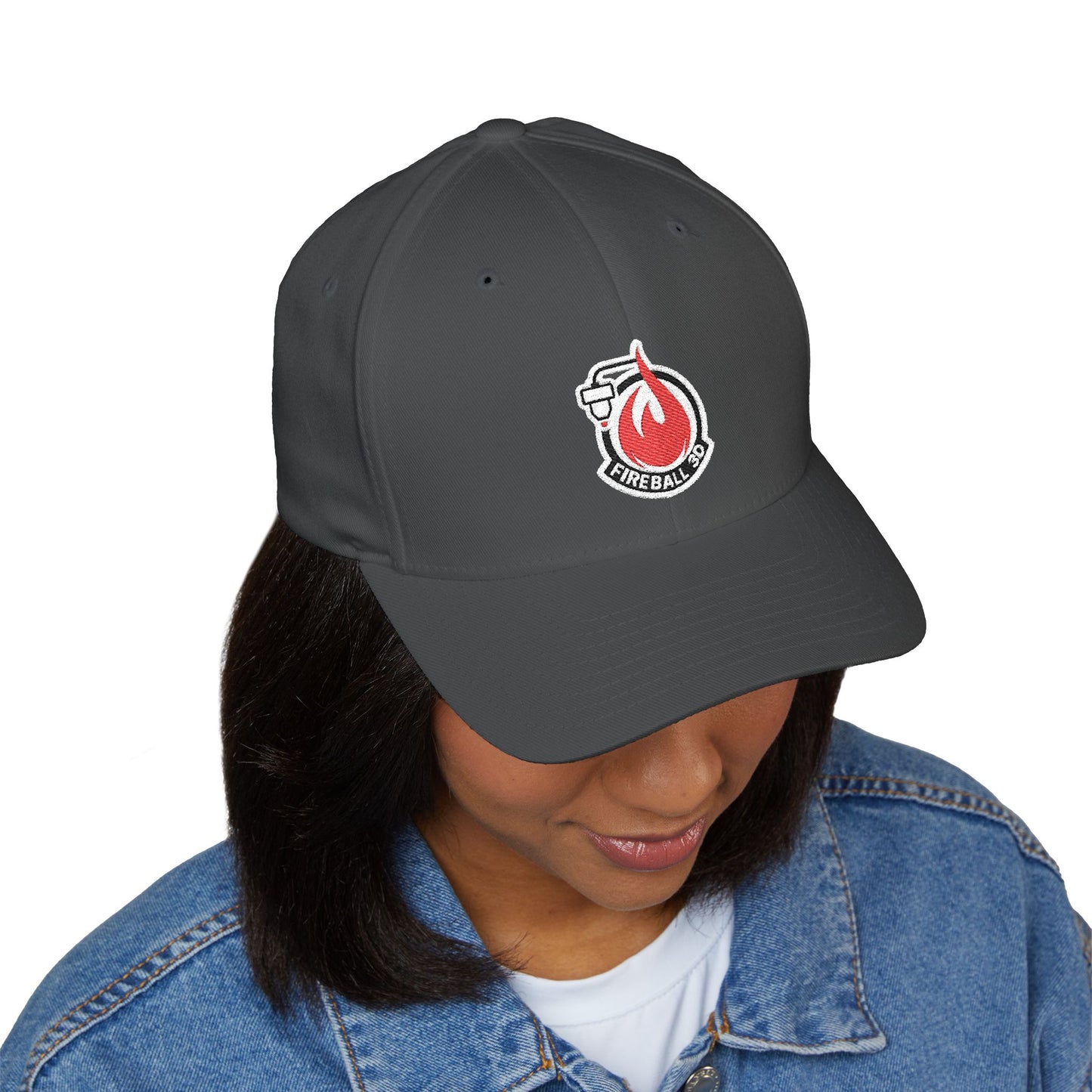 Fireball 3D - Brand Logo - Flame & Text - Red & White - Dark Colors - FlexFit Cap