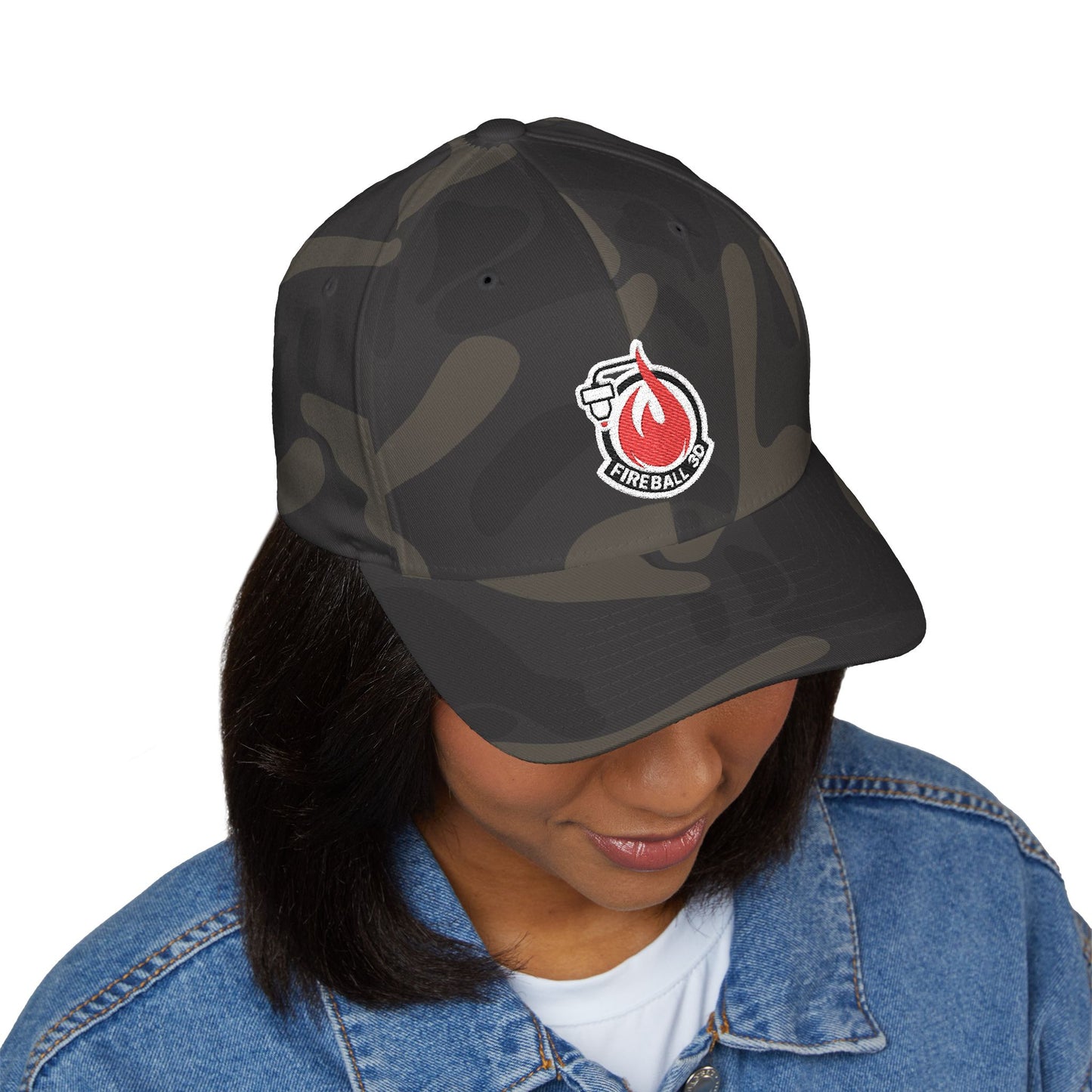 Fireball 3D - Brand Logo - Flame & Text - Red & White - Dark Colors - FlexFit Cap
