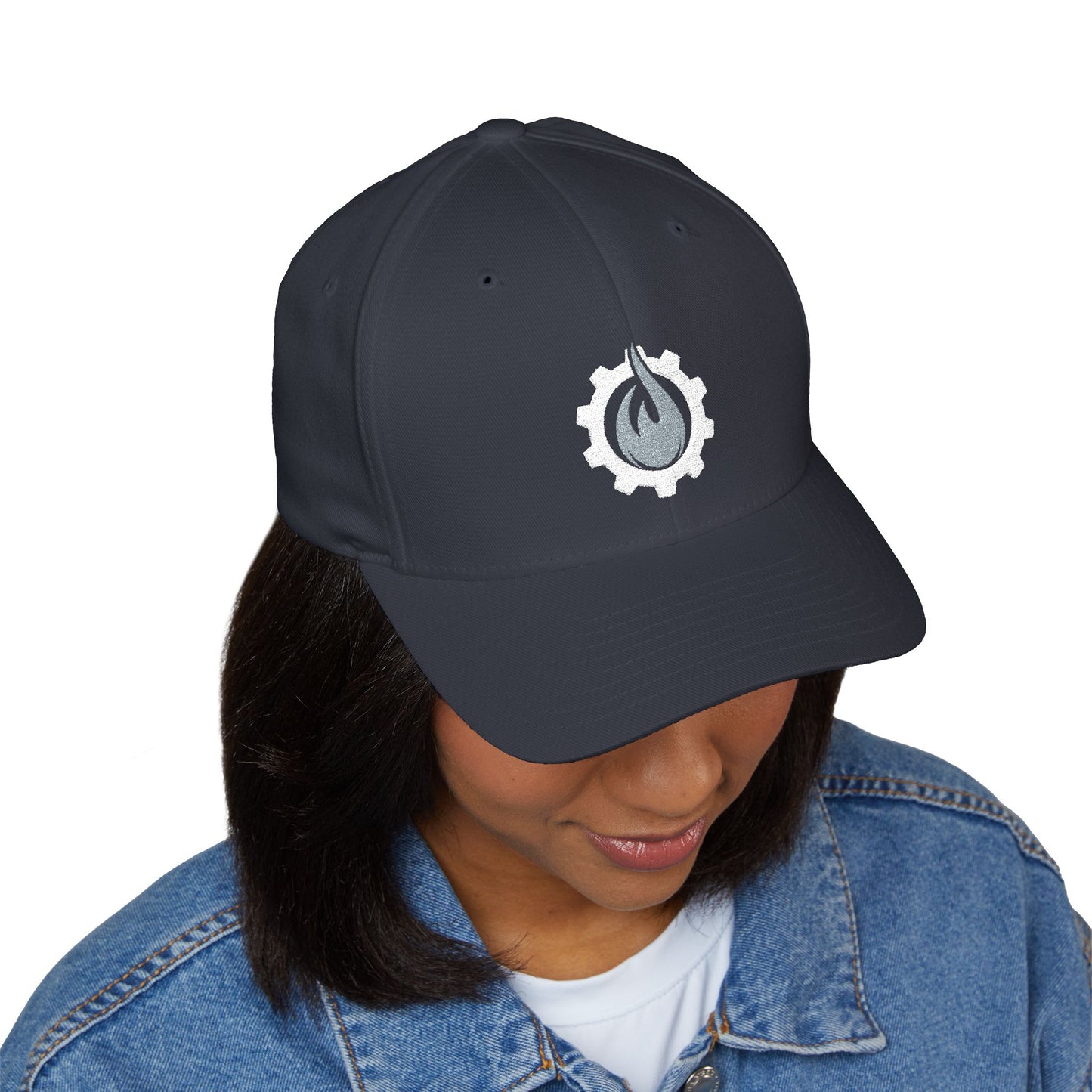 Fireball Gear - Brand Logo - Flame & Gear - Gray & White - FlexFit Cap