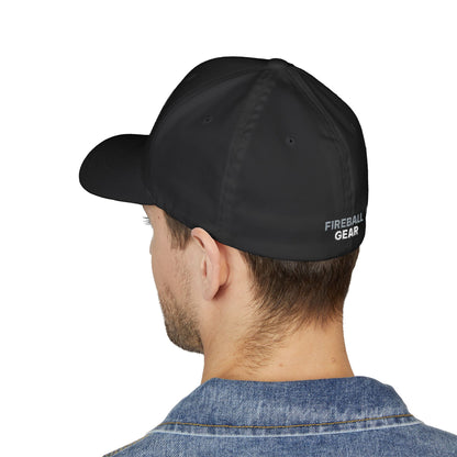 Fireball Gear - Brand Logo - Flame & Gear - Gray & White - FlexFit Cap