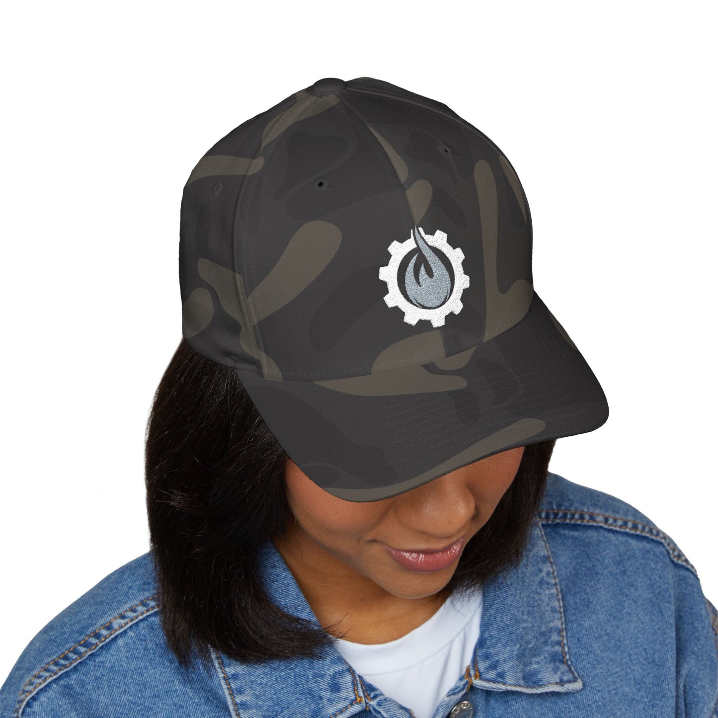 Fireball Gear - Brand Logo - Flame & Gear - Gray & White - FlexFit Cap
