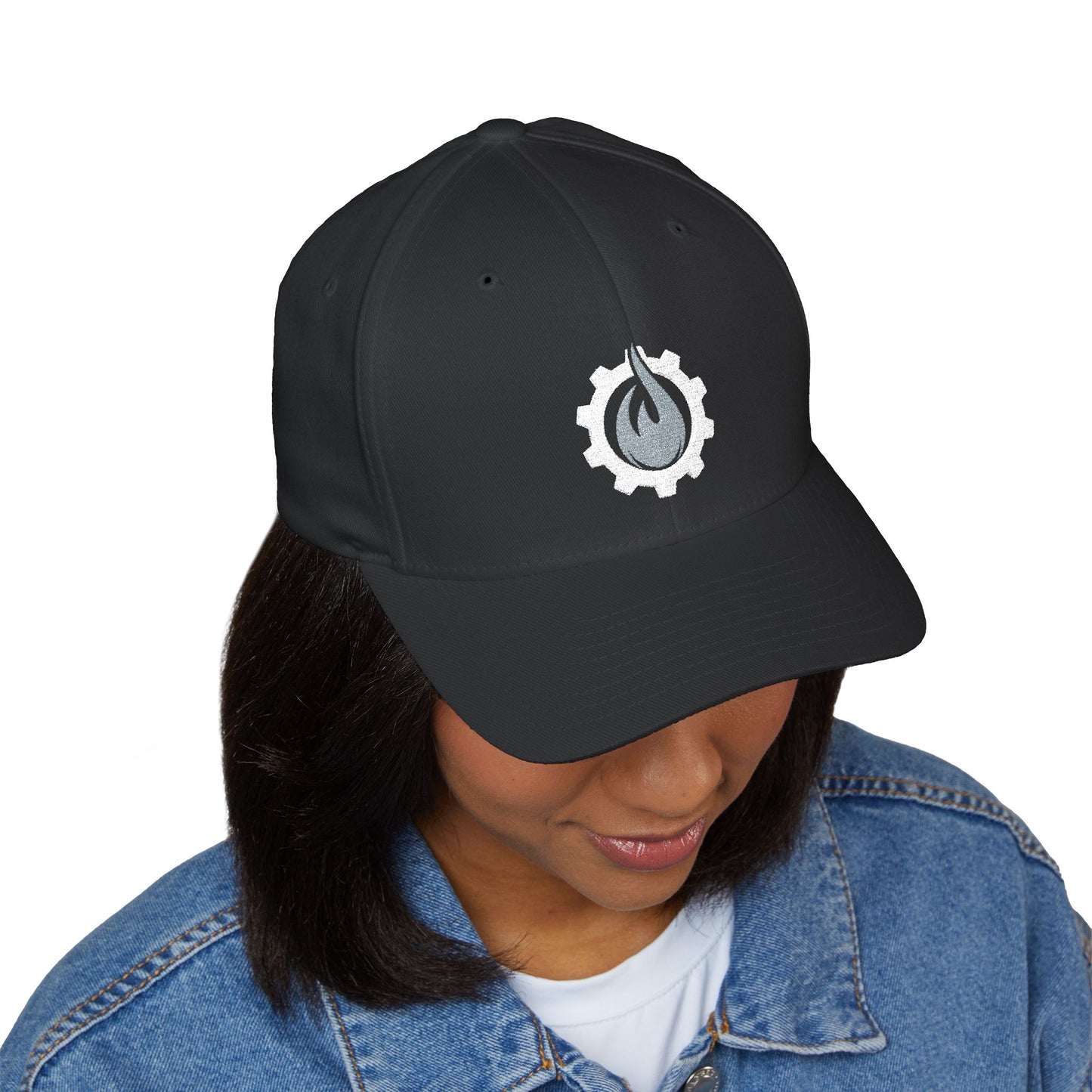 Fireball Gear - Brand Logo - Flame & Gear - Gray & White - FlexFit Cap